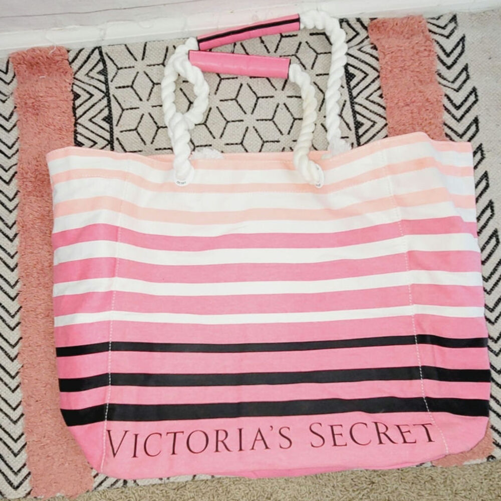 VICTORIA'S SECRET OMBRE STRIPE CANVAS BEACH TOTE W ROPE HANDLES